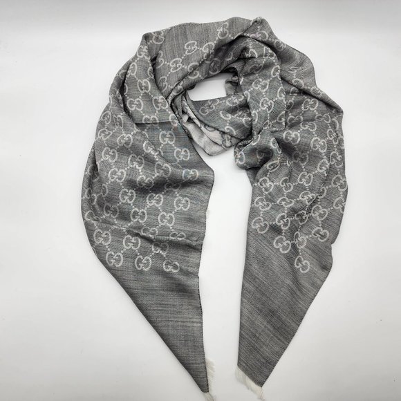 Gucci Wool Silk Monogram Fringe Scarf/Shawl | Gray | NEW - Picture 3 of 7